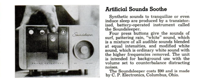 Advertisement for The Soundsleeper, to assist in helping babies fall asleep, from December 1962. Advertisement for The Soundsleeper, to assist in helping babies fall asleep, from December 1962.