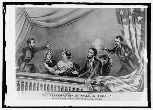 An artist’s rending of Lincoln’s assassination. Lincoln is seated next to two women in a balcony. Behind him a gunman fires, smoke rising from the gun. A man at the left of the image points toward the gunman.