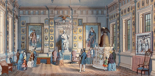 Assembly Room Rosenthal 1856 Finely dressed tourists admiring portraits and the Liberty Bell in the Assembly Room.