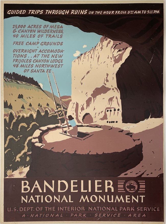 Poster with woman climbing down ladder into kiva