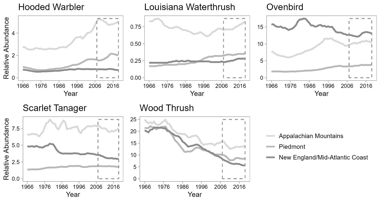 BCR_Figure Five line graphs depict relative abundance estimates for 5 forest interior bird species