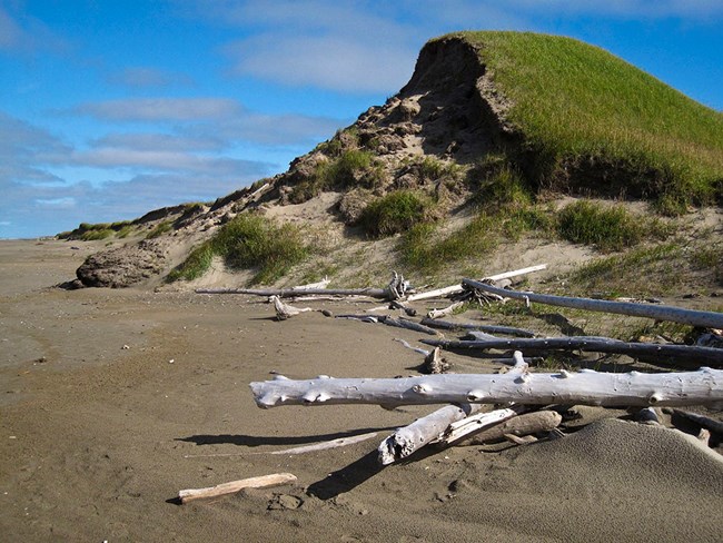 Hill along coast partially eroded.