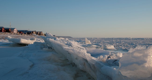 Sea ice pushed up on the shore.