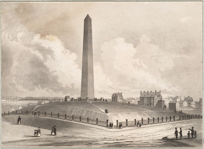 BHFimg2_historical Illustration of a hill with a tall obelisk at its peak. The hill is surrounded by a wrought-iron fence, and there are several people standing and walking on and around the hill. Buildings are visible in the background.