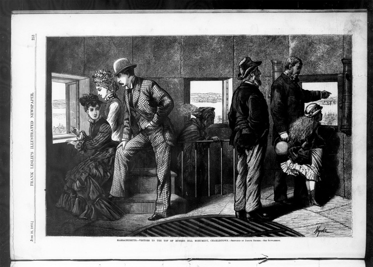 Engraving of people at the top of the Bunker Hill Monument in 1875 enjoying the view.