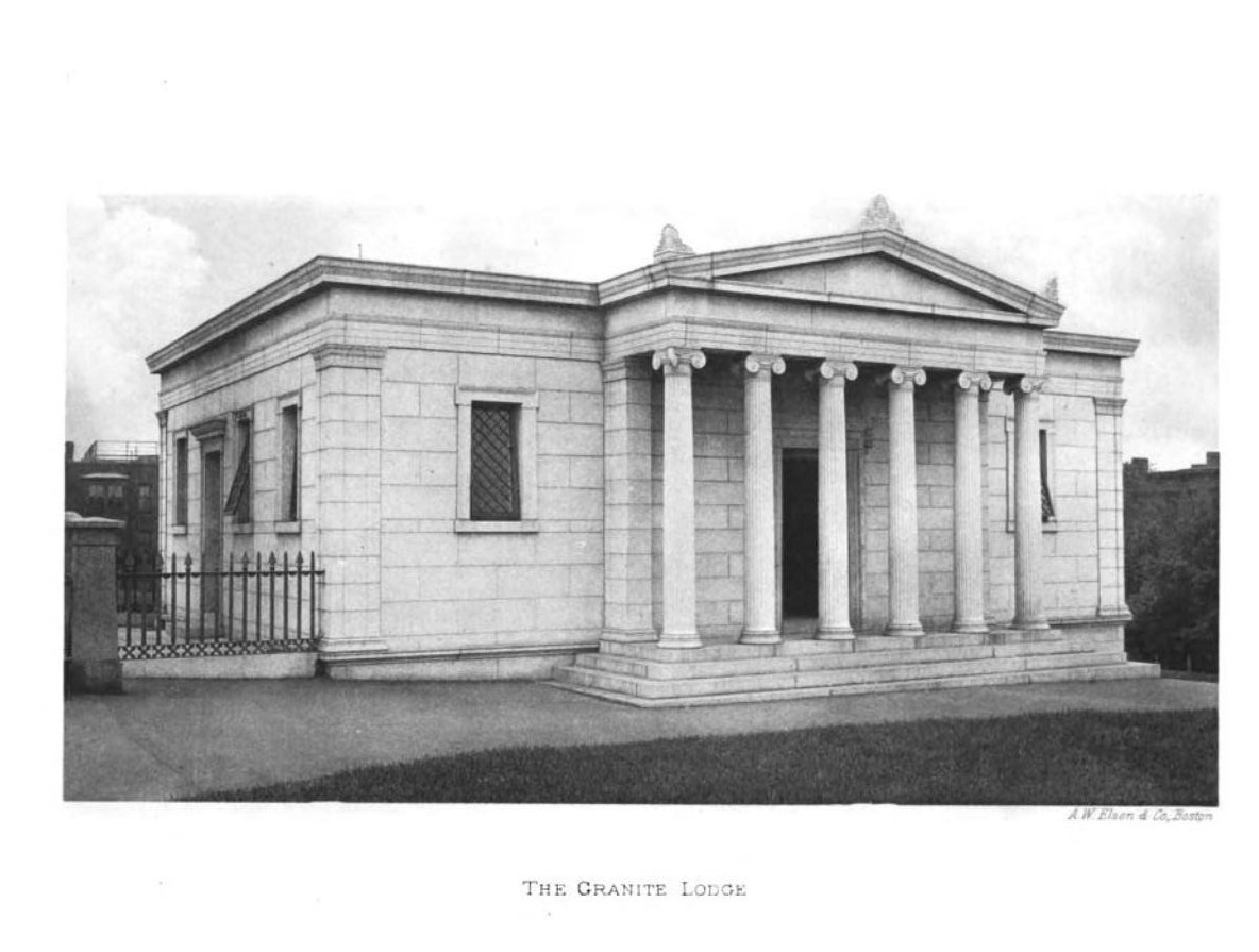 1903 photograph of the Bunker Hill Lodge, a Greek Revival style structure similar to a Greek temple.