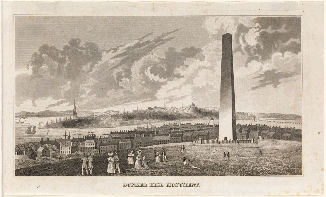 Engraving of the Bunker Hill Monument and grounds with people in mid-1800s style clothing walking on the grounds around the monument.