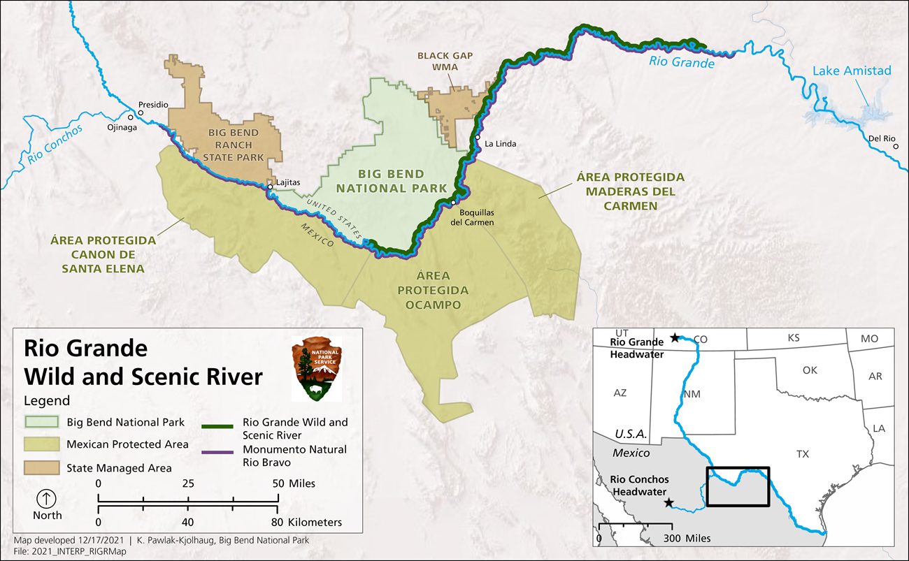 BIBE RIGR Rio Map A map shows the Rio Grande Wild and Scenic River and adjacent protected lands on either side of the border