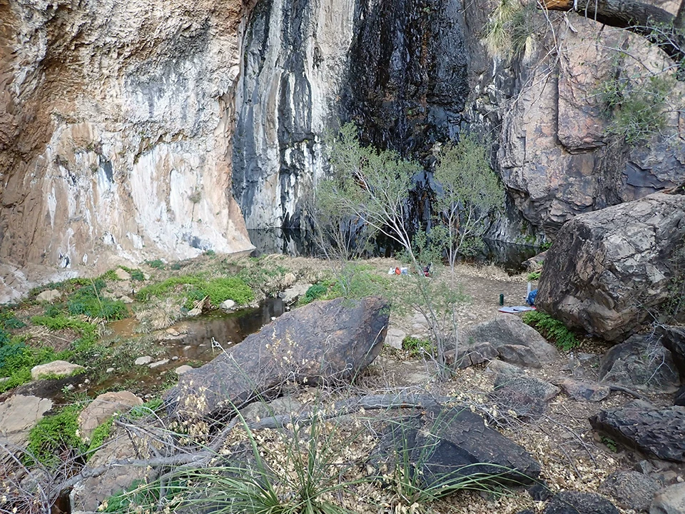Cattail Falls A large pool of water at the base of a steep rock wall where water flows into the pool and forms a stream surrounded by boulders and green vegetation.