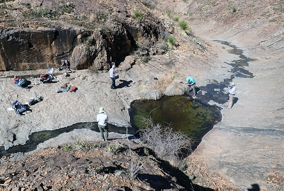 Water Boy Tinaja A stream flowing into and out of a pool of water in a bedrock drainage flowing through steep slopes of desert scrub. Four scientists are standing by the pool with monitoring equipment.