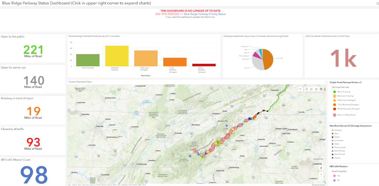 Incident management team GIS dashboard for assessments completed via sUAS. Screen capture of UAS dashboard showing map of Blue Ridge Parkway and charts.