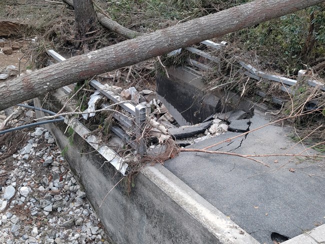 Damage found during infrastructure assessment. Trees, rocks, and debris over a collapsed bridge.