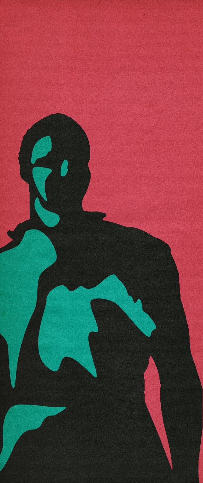 A drawing of a man standing in front of a pink background