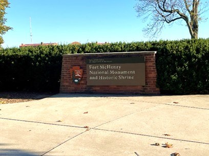 Image of the Fort McHenry National Monument and Historic Shrine entrance sign at the NPS unit within the Baltimore National Heritage Area.