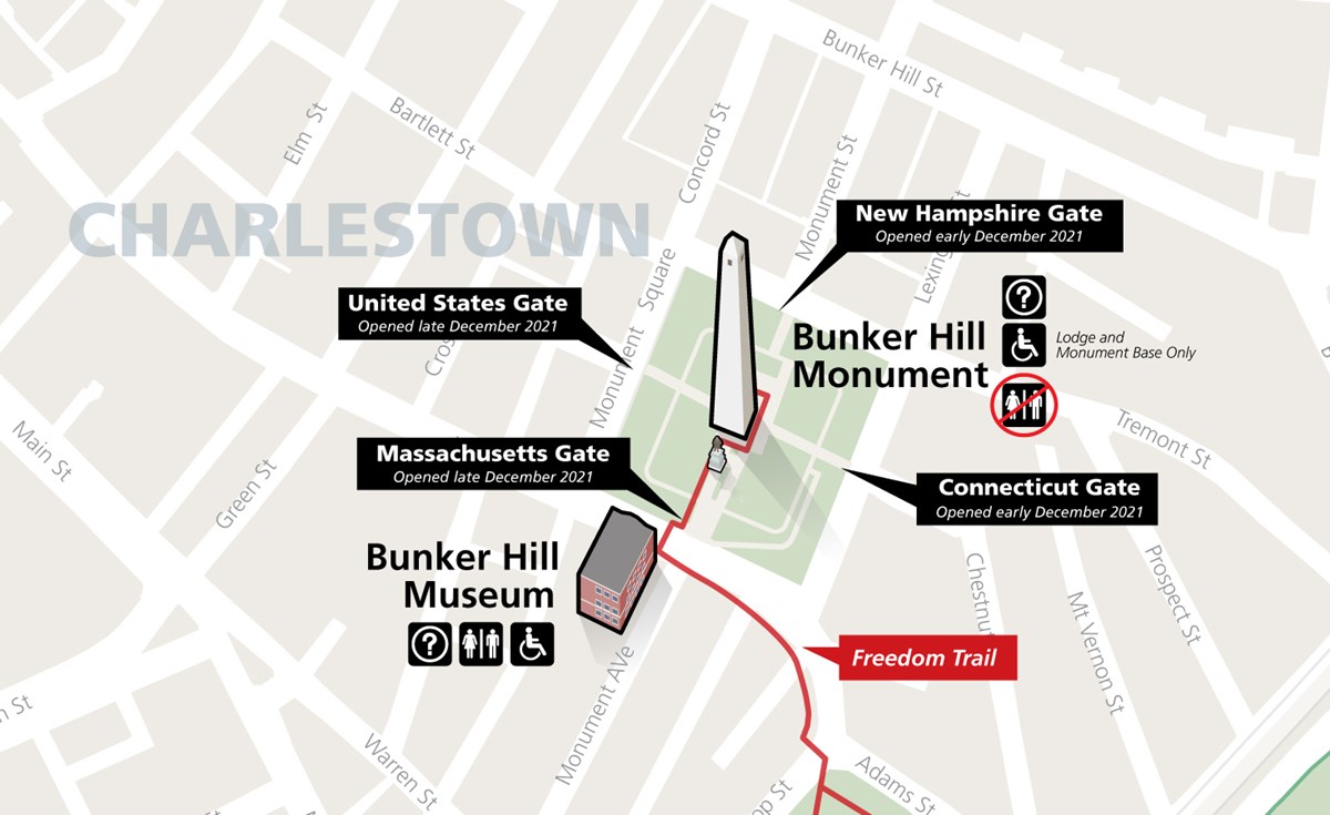 Map of Bunker Hill Monument Grounds indicating that all gates are open