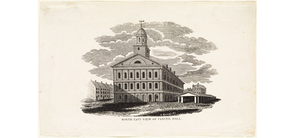 Wood engraving of Faneuil Hall from ca.1826-1850s.