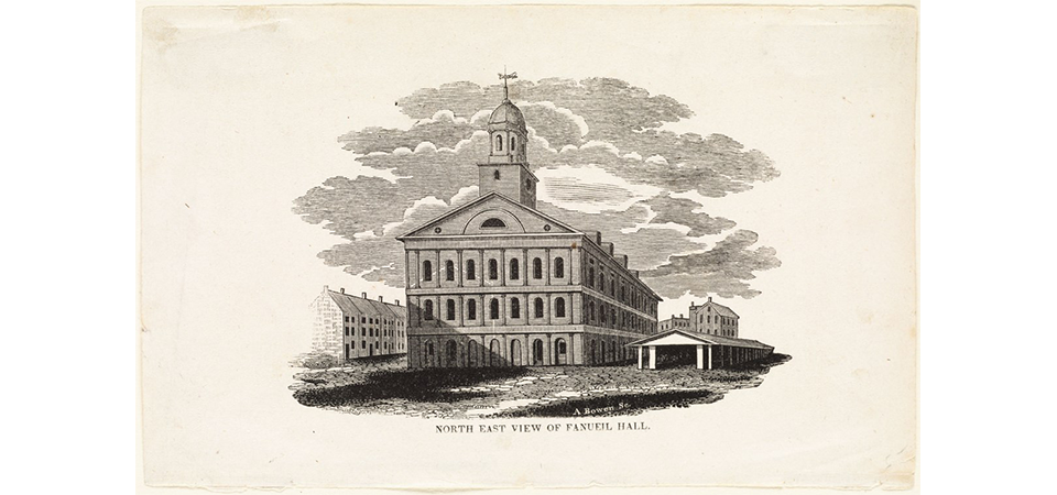 BPL-FaneuilHall-1830s Wood engraving of Faneuil Hall from ca.1826-1850s.