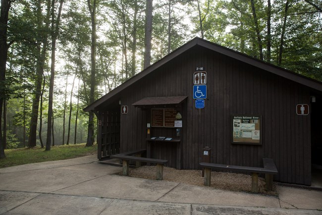 The outside of a restroom facility at Buffalo Point Campground.
