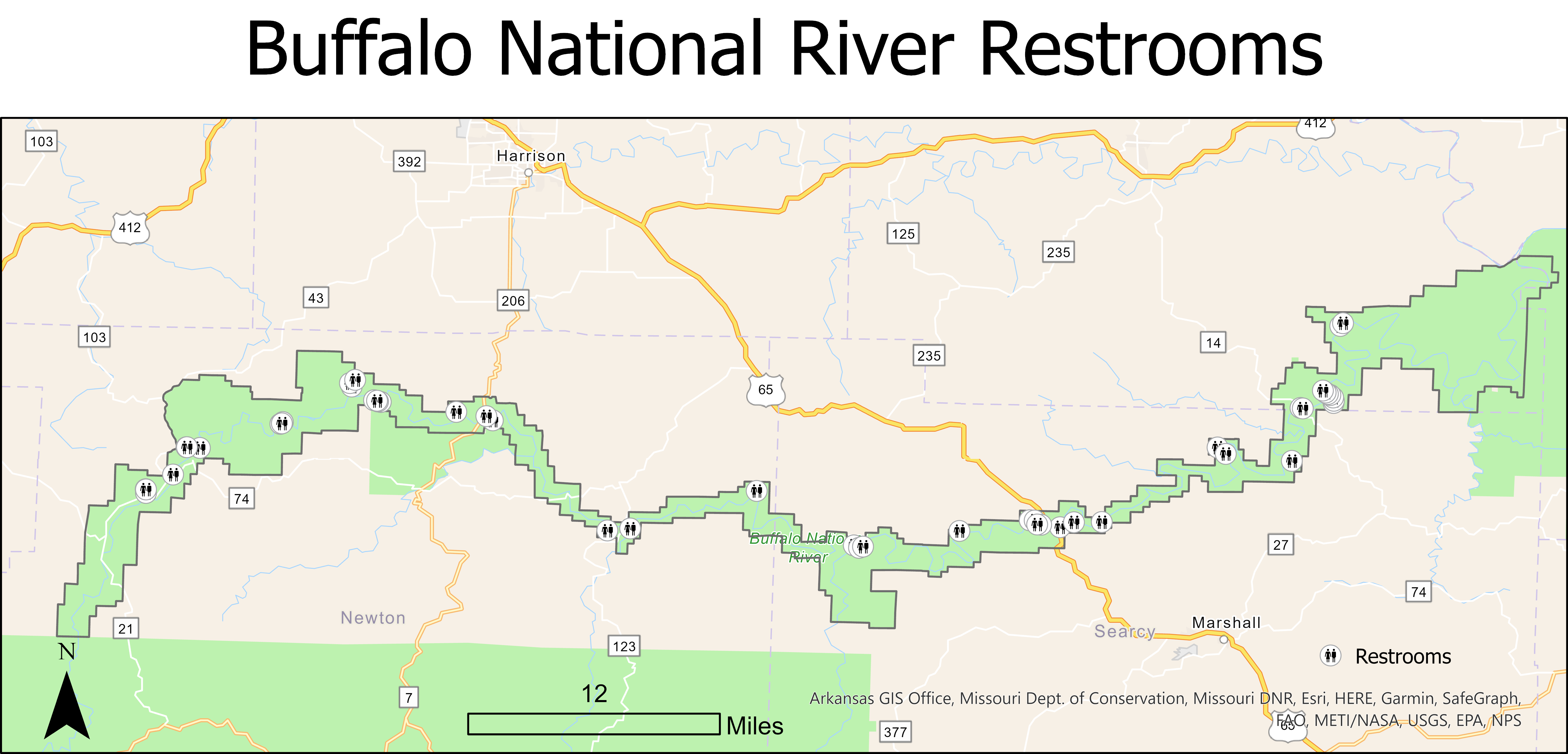A map of all restroom locations at Buffalo National River