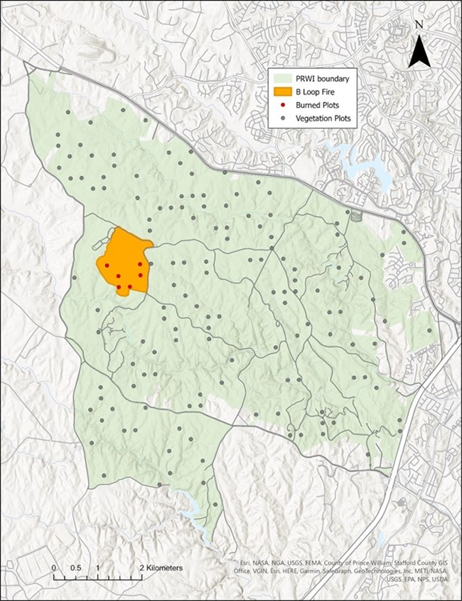 Map depicting B Loop Fire as orange polygon within a green polygon representing Prince William's boundary. Forest monitoring plots are dots within the park, red dots burned plots, gray dots for unburned plots.
