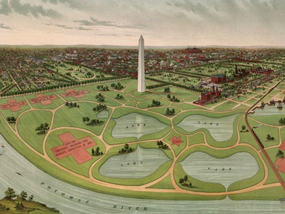 Washington Monument grounds with fish ponds