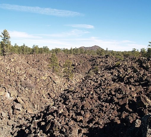 photo of a rough and blocky volcanic landscape