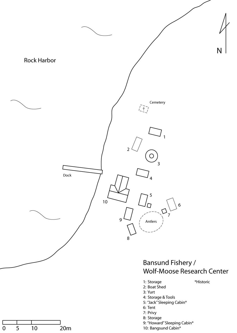 sketch of the Bangsund fishery including 3 storage structures, boat shed, yurt, 2 sleeping cabins, tent, privy, and cabin