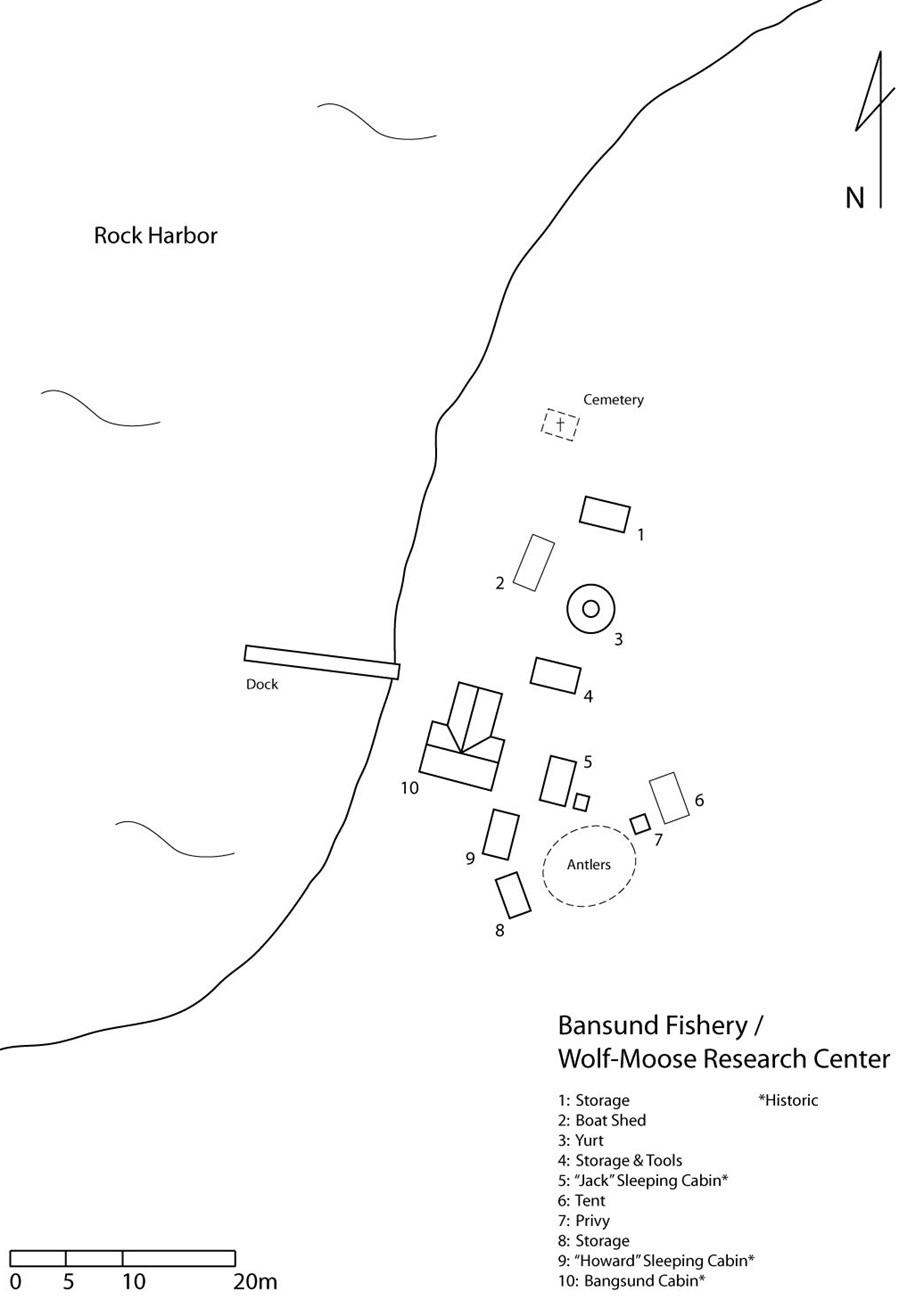 Bangsund_Fishery_SiteMap sketch of the Bangsund fishery including 3 storage structures, boat shed, yurt, 2 sleeping cabins, tent, privy, and cabin