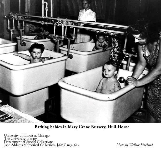 Bathing Babies at Hull House University of Illinois at Chicago Library black and white photos of babies sitting in bathtubs