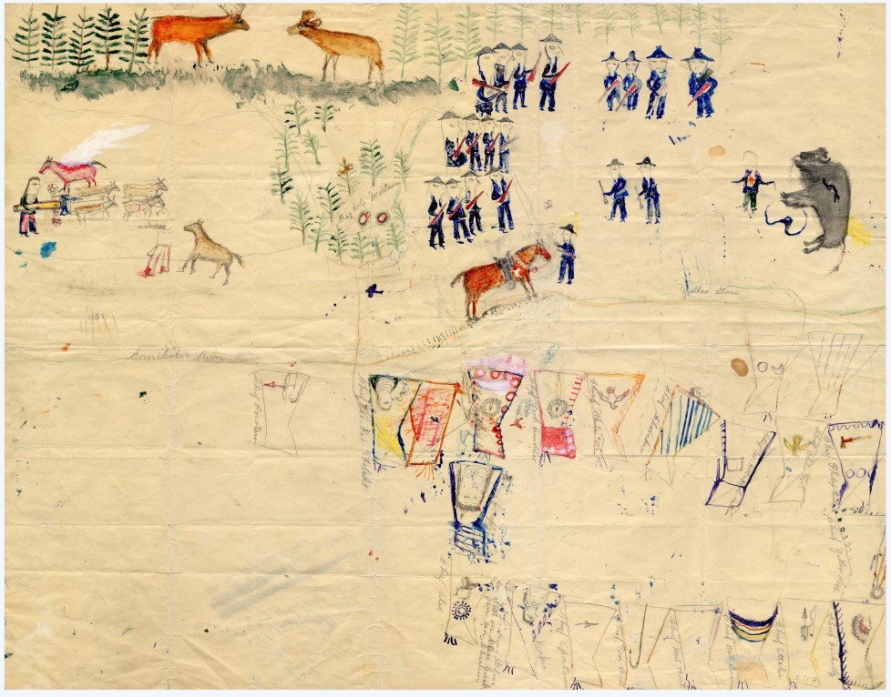 Battle of Big Hole for Web Original hand-drawn color document. Pictographs drawn by Peo-Peo Tholekt. The top half includes elements of the Battle of Big Hole. The lower half, rotated 180 degrees, shows the Nez Perce camp on the Big Hole River prior to that battle.