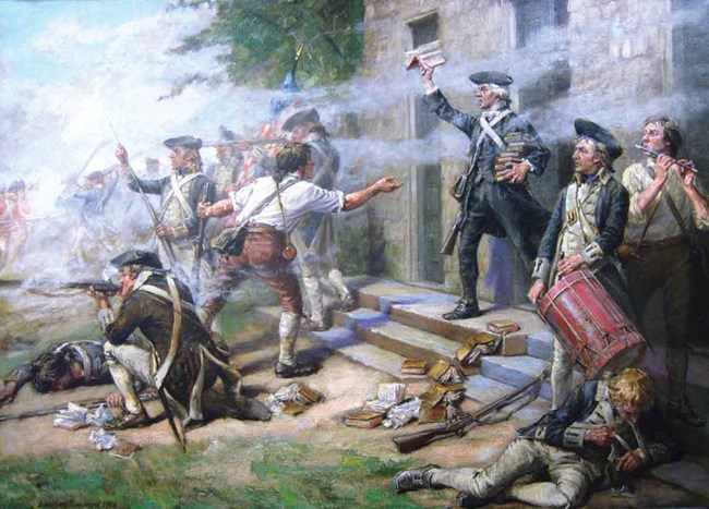 Battle_of_Springfield_NJ_1780 painting depicts a scene of men engaged in armed conflict as the smoke of musket fire obscures the middle distance of the image.