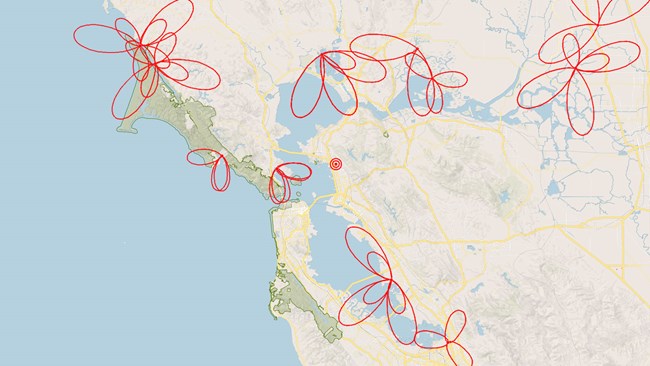 San Francisco Bay Area map with red dots and loops overlayed, indicating antenna locations and detection areas. There are four antennas in Marin; 2 along Tomales Bay, 1 by Bolinas Lagoon, and a 4th by Richardson Bay.