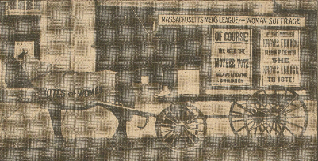 BayStateMen-WJvol46no37-11Sept1915 a horse-drawn carriage decked out in suffrage ephemera