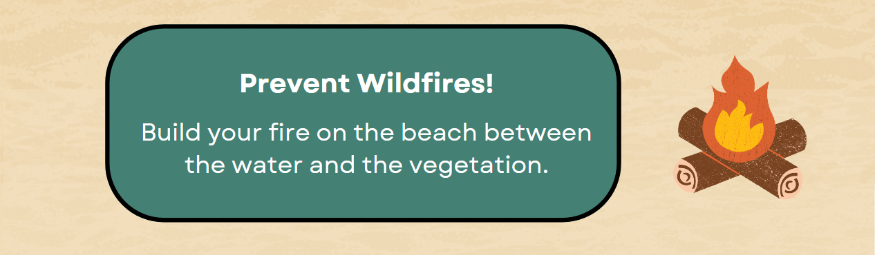 Beach Fire Etiquette 2 Inforgrapghic of a fire on sand text: Prevent Wildfires Build your fire on the beach between the water and the vegetation.