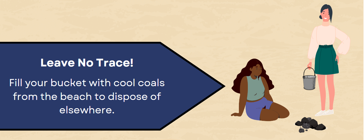 Beach Fire Etiquette 5 Infographic of two people sitting and standing near black charcoal. One person holds a bucket. Text Leave no trace. Fill your bucket with cool coals from the beach to dispose of elsewhere.
