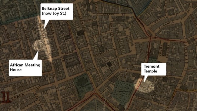 Beacon Hill Map Map of Beacon Hill and Downtown, with the locations of Tremont Temple, the African Meeting House, and Belknap Street labeled.