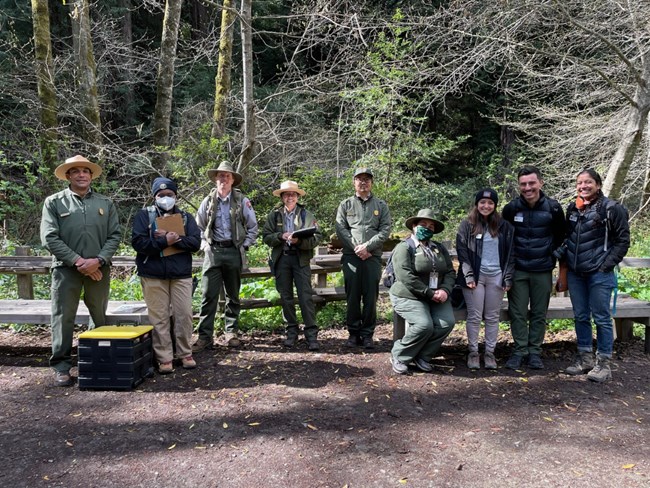 Becca, Jackson, and other awesome staff during a Community Science Service-Learning Event at Muir Woods