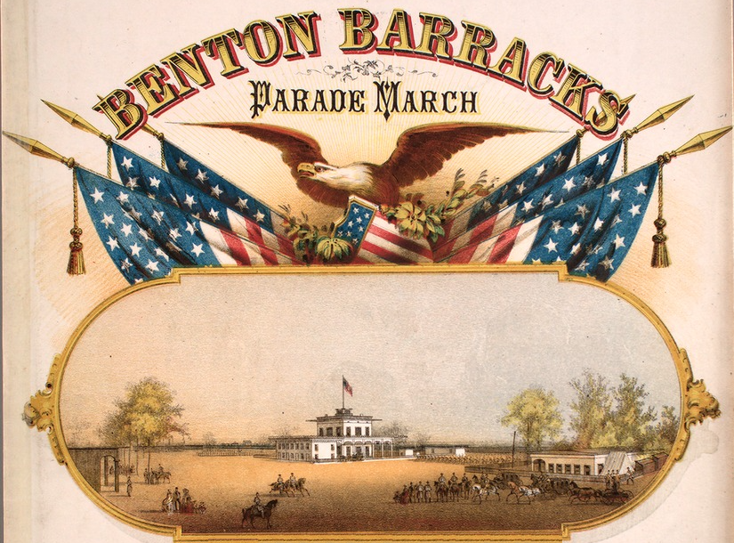 Cover of sheet music, text reads "Benton Barracks Parade March."