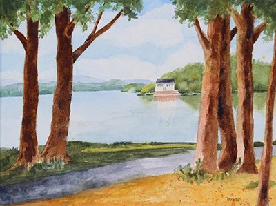A watercolor landscape of a river scene through trees.