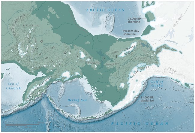 A map of Beringia with glacial extent.