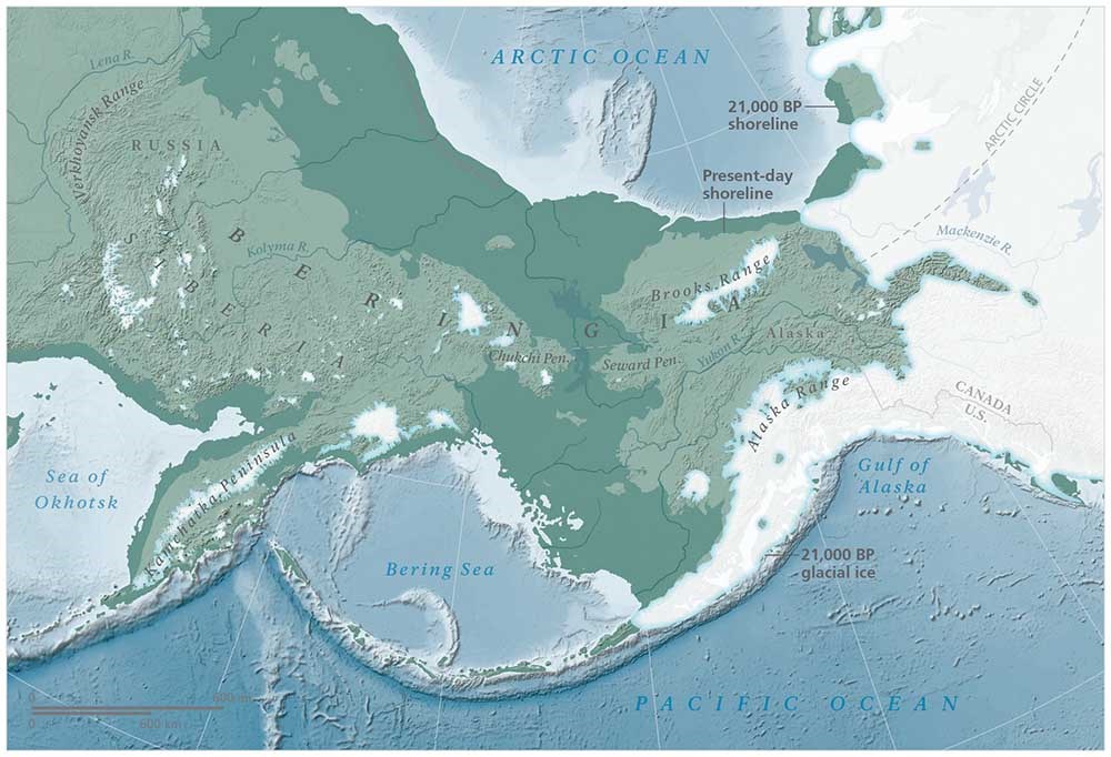 A map of the Beringia region of the US and Russia at the last glacial maximum.
