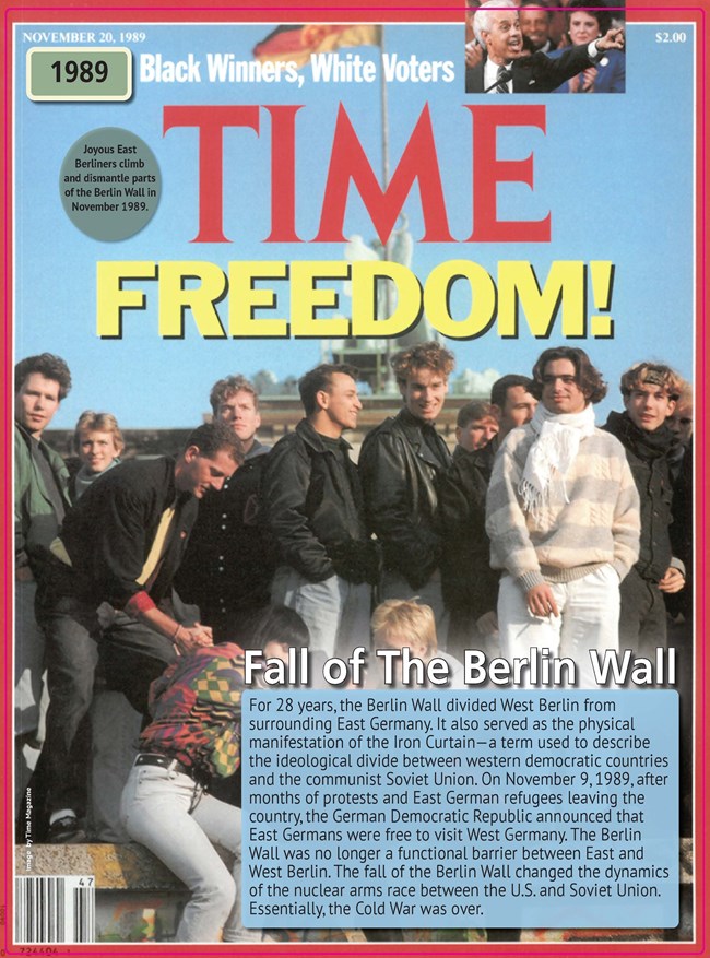 A Time magazine cover from November 20, 1989, showing a group of young men standing and sitting atop the Berlin Wall.