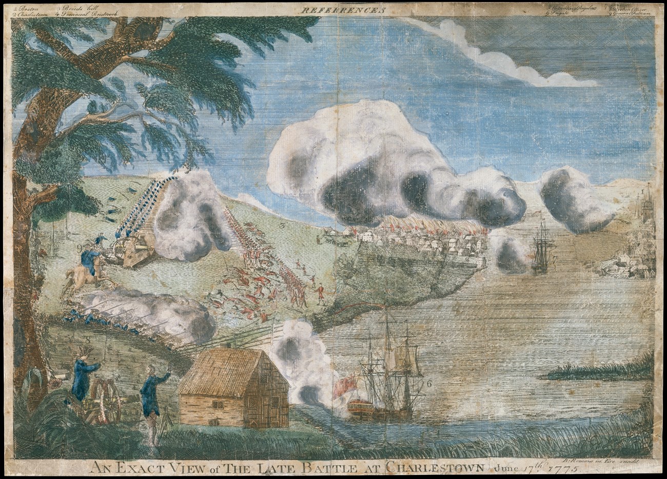Sketch of the view of the Battle of Bunker Hill with British Red coats attacking the colonists up a hill.