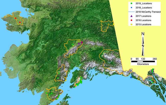 Betchkaletal_Bioacoustics_Figure4_web A map showing Alaska parks and monitoring locations.