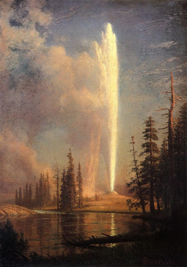 Painting of a geyser. Painting by Albert Bierstadt, circa 1881.