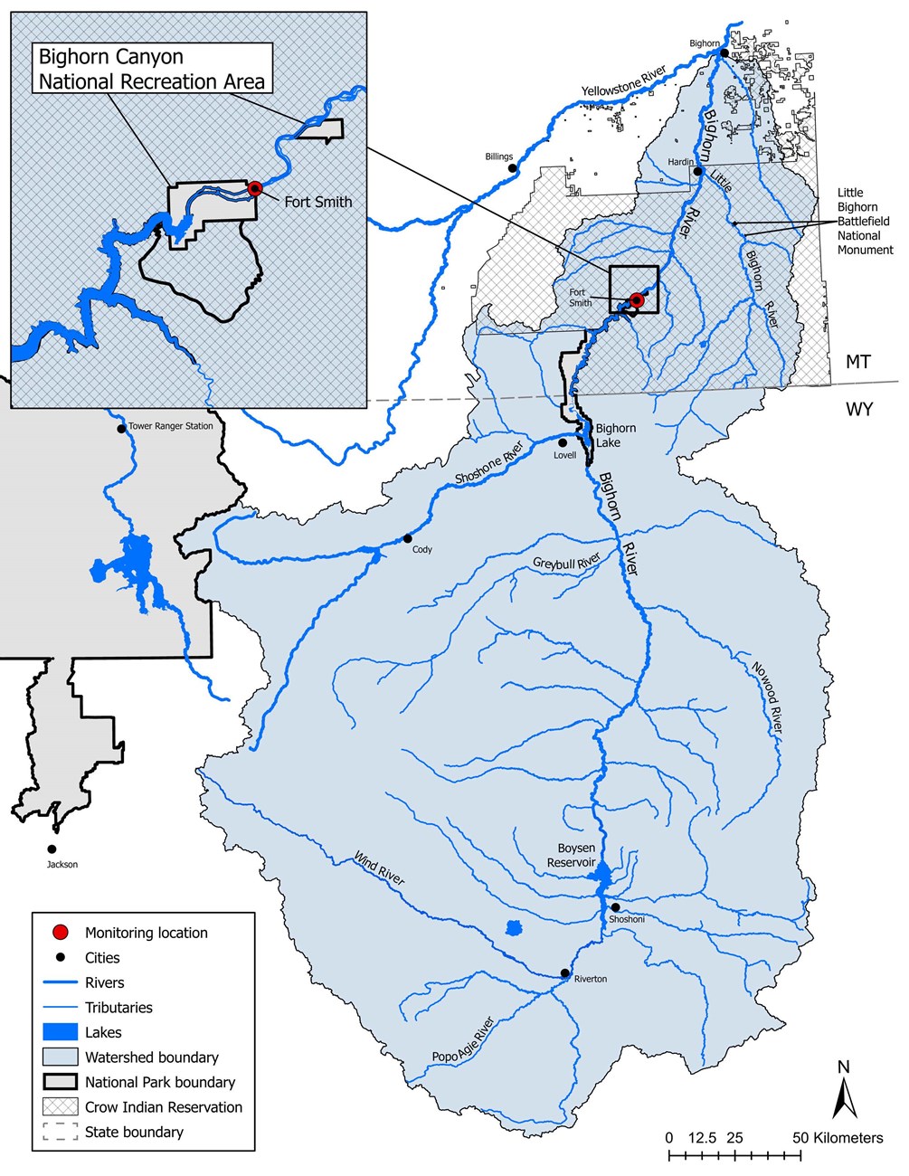 map of watersheds and rivers near the Bighorn River