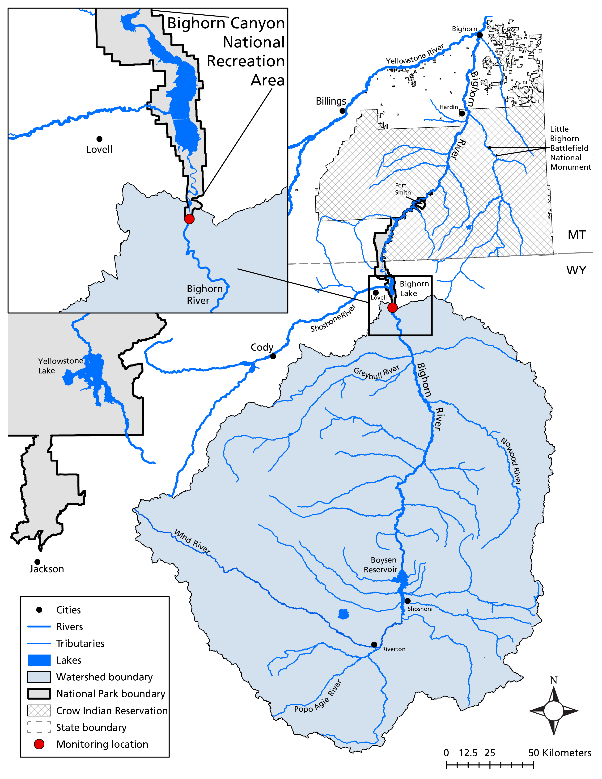map of watersheds and rivers near the Bighorn River