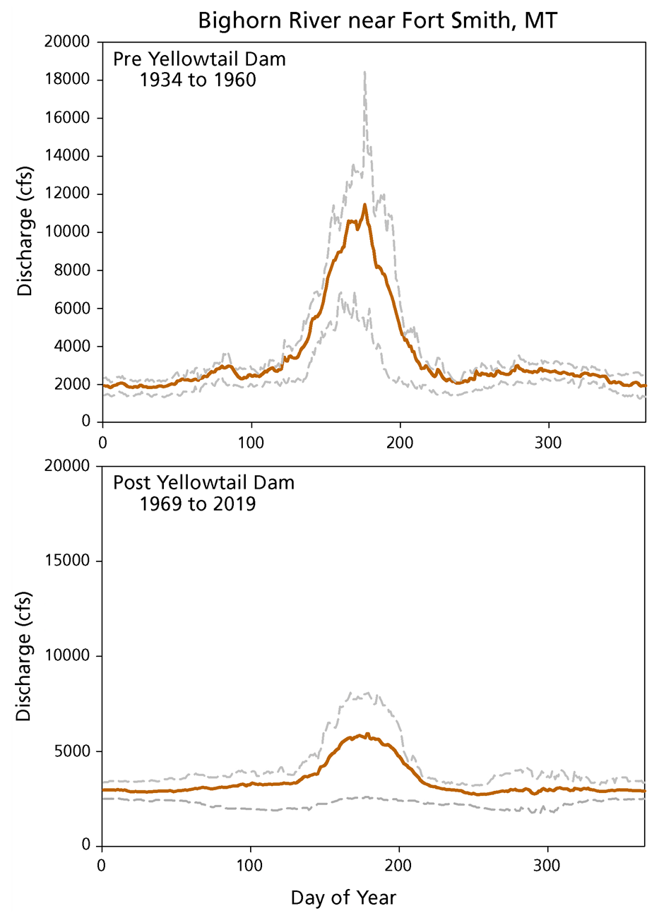 Line graphs of discharge on the Bighorn River near Fort Smith, MT, before and after the Yellowtail Dam
