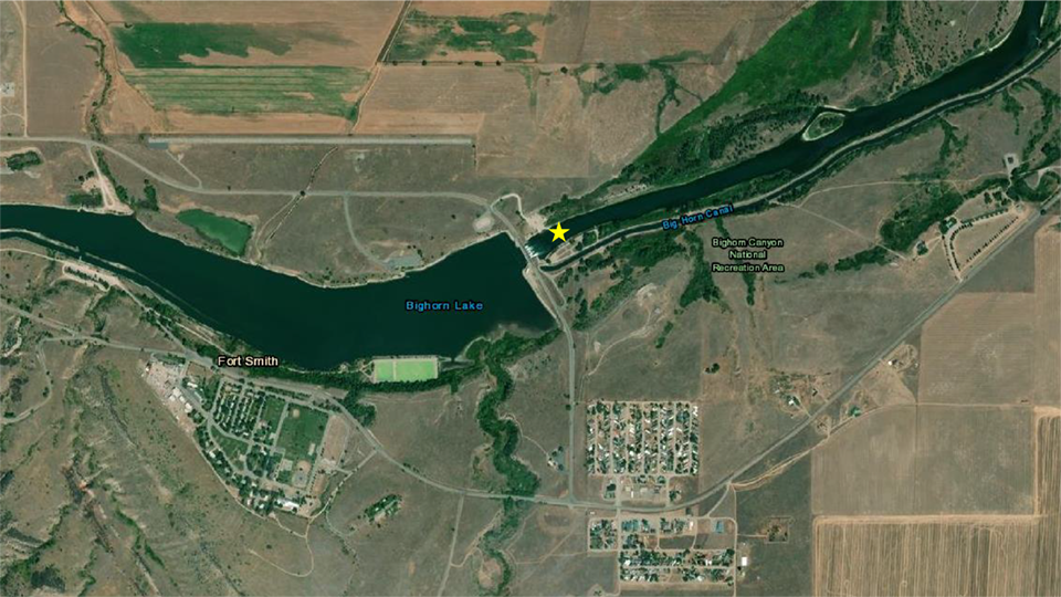 Aerial photo of the Bighorn River monitoring site showing the monitoring site near a dam