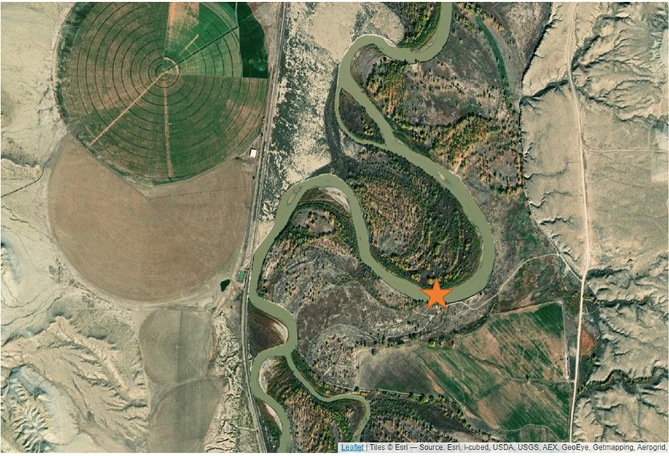 Aerial imagery of the Bighorn River and the monitoring location on a large bend in the river.